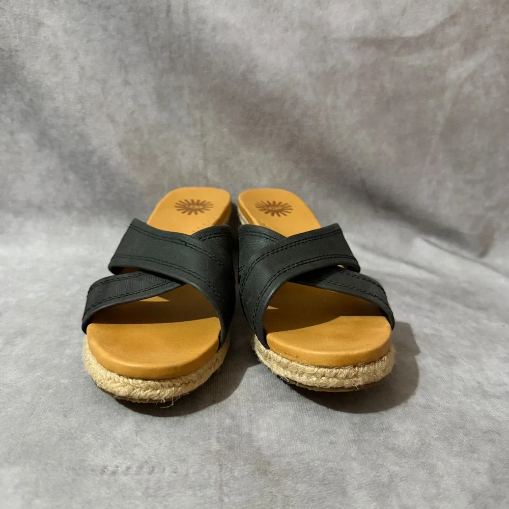 UGG Wedge Sandals Womens 5.5 Black Excellent Leather Espadrille Slide 1006352